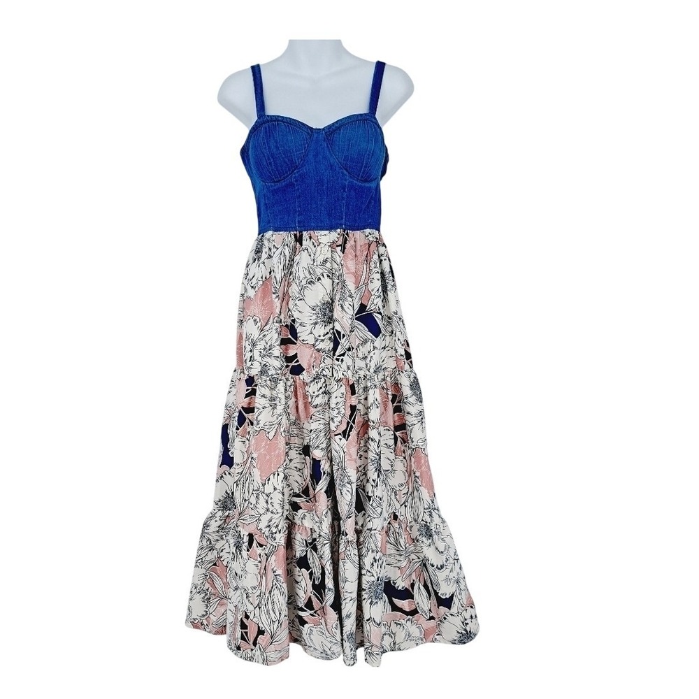 Band of the Free Maxi Dress Womens Small Blue Pink Floral Denim Corset Tiered